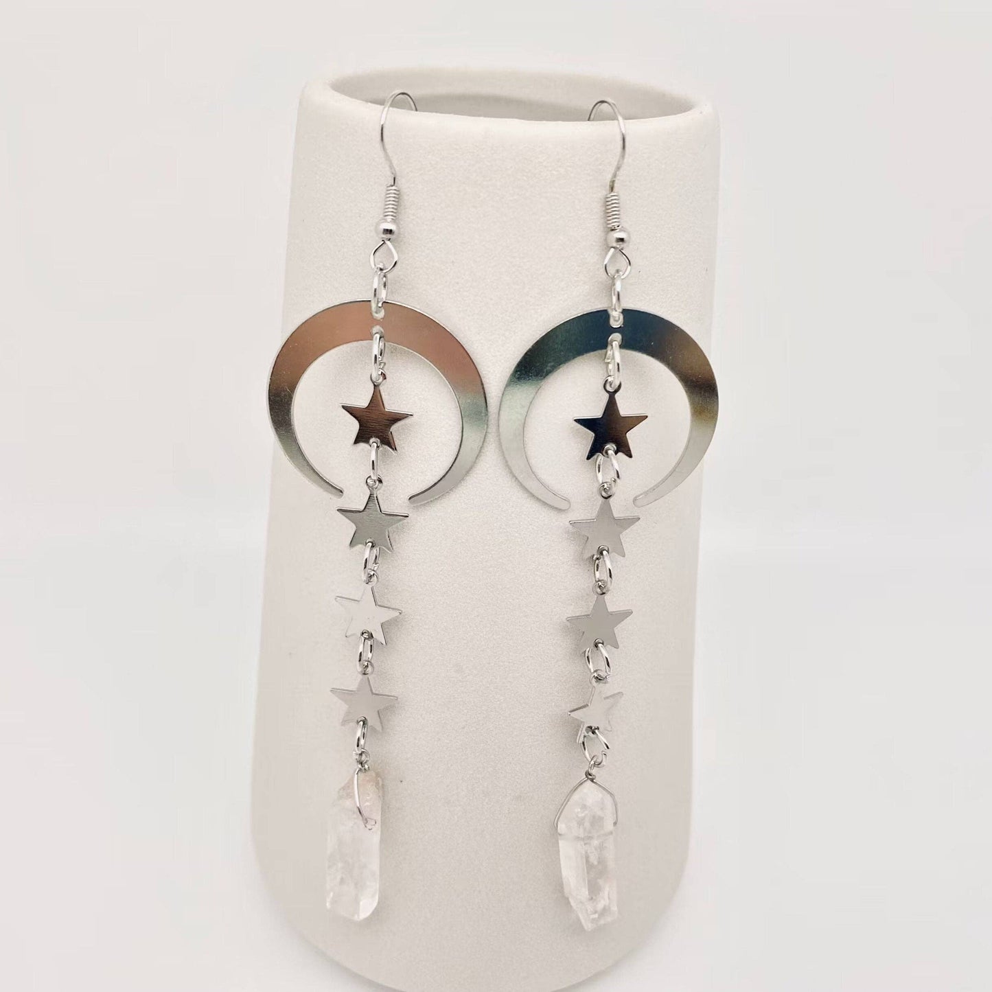 EARRINGS - Silver Star & Moon With White Crystal Pendant Earrings