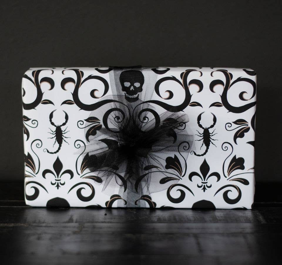 Wrapping Paper - Skull Damask Gift Wrap - Bone (8ft Roll)