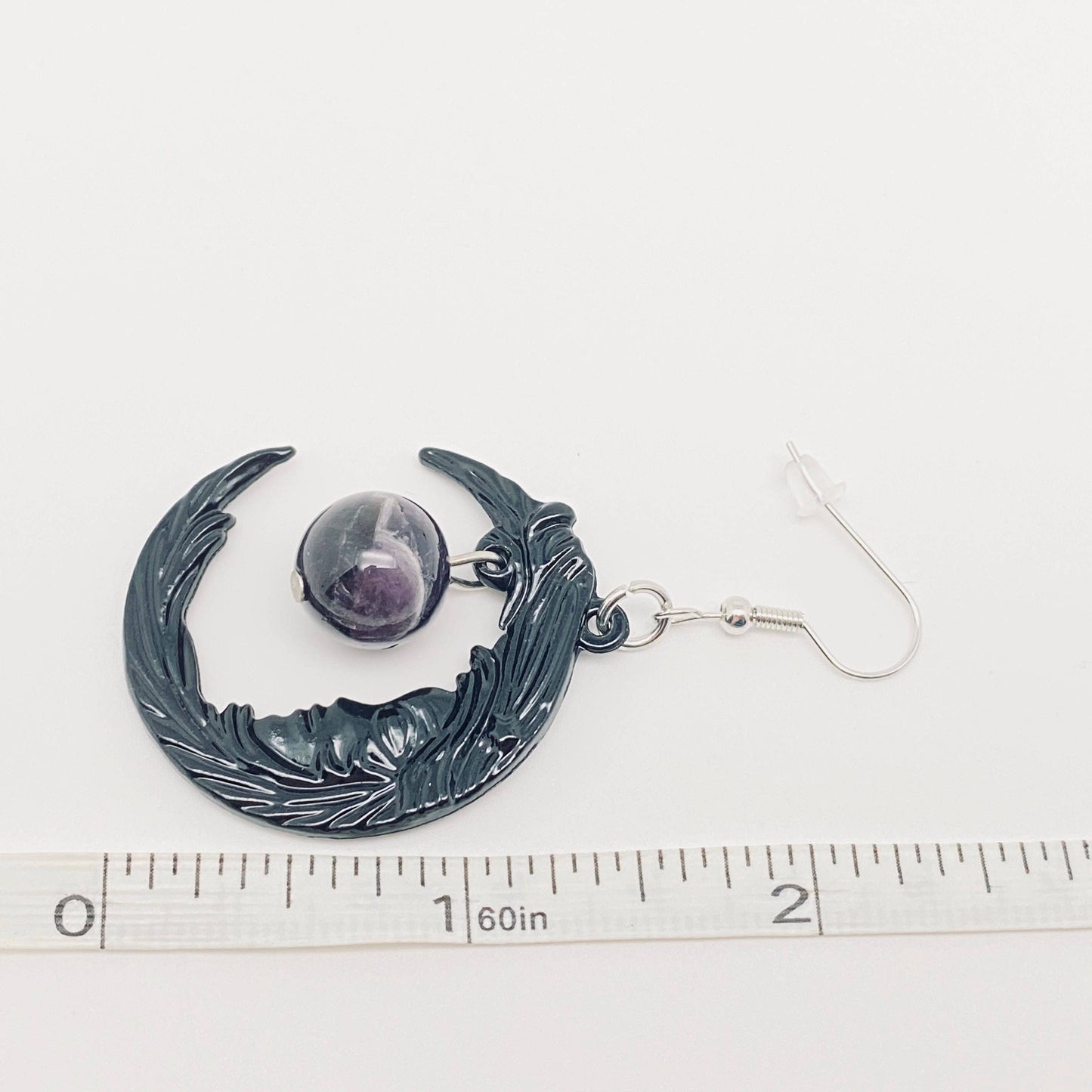 EARRINGS - Black Cresent Face with Purple Bead