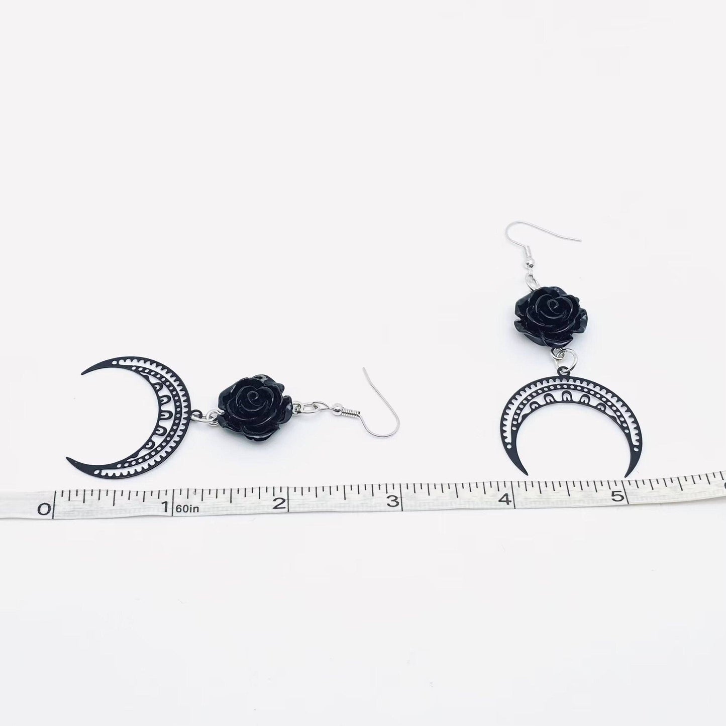 EARRINGS - Black Rose & Moon Cresent Pendant Earrings