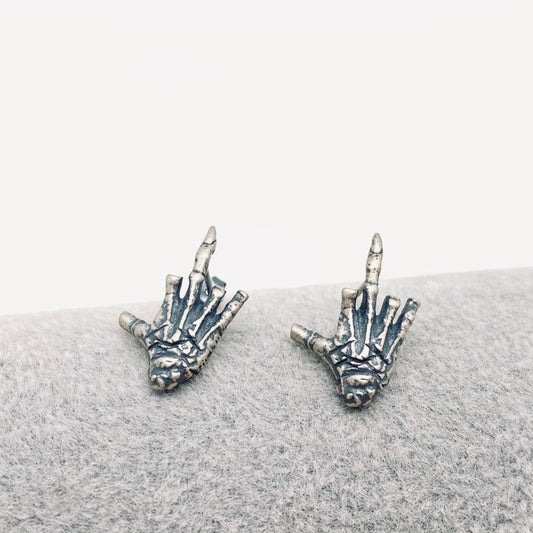 EARRINGS - Sterling Silver Skull Hand Bone Middle Finger Stud Earrings