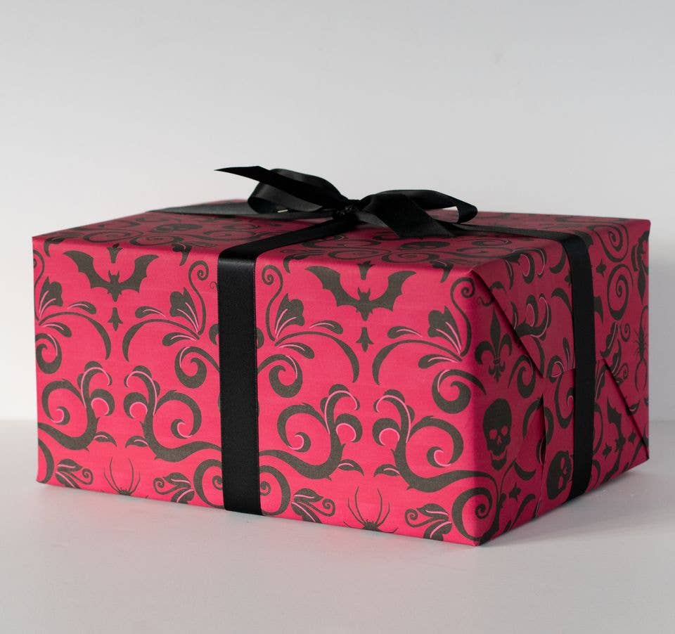 Wrapping Paper - Skull Damask Gift Wrap - Red (8ft Roll)