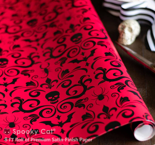 Wrapping Paper - Skull Damask Gift Wrap - Red (8ft Roll)