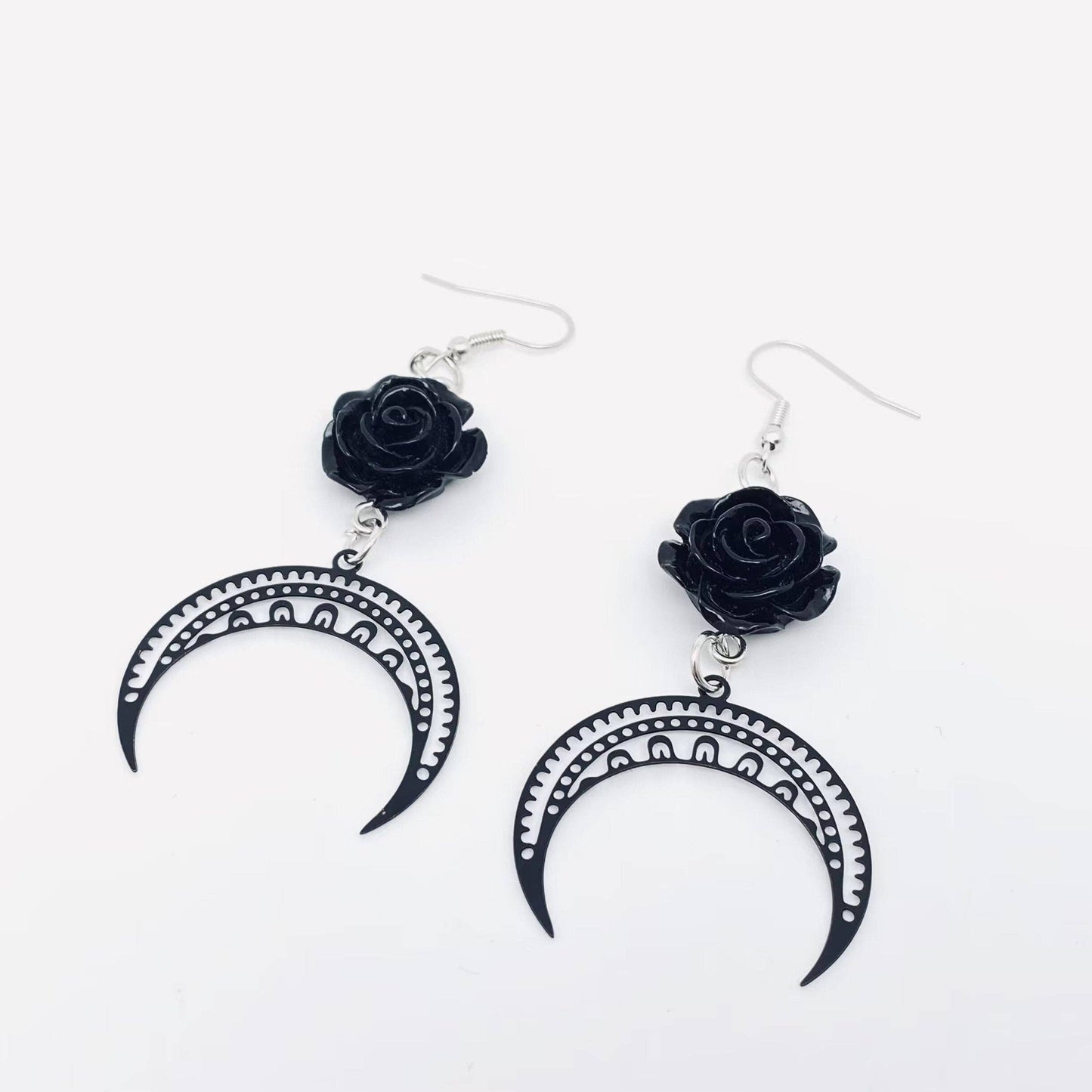 EARRINGS - Black Rose & Moon Cresent Pendant Earrings