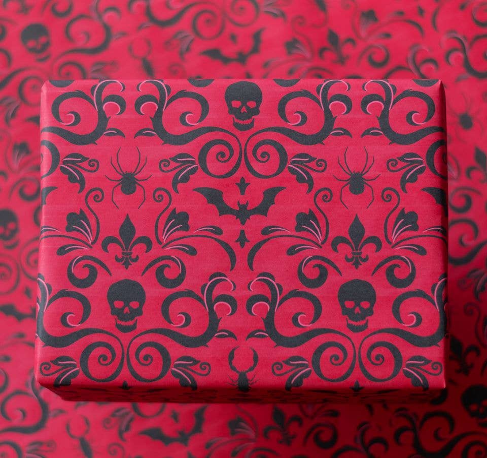 Wrapping Paper - Skull Damask Gift Wrap - Red (8ft Roll)