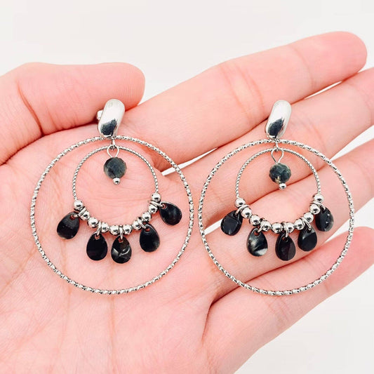 EARRINGS - Black Drop With Double Rings