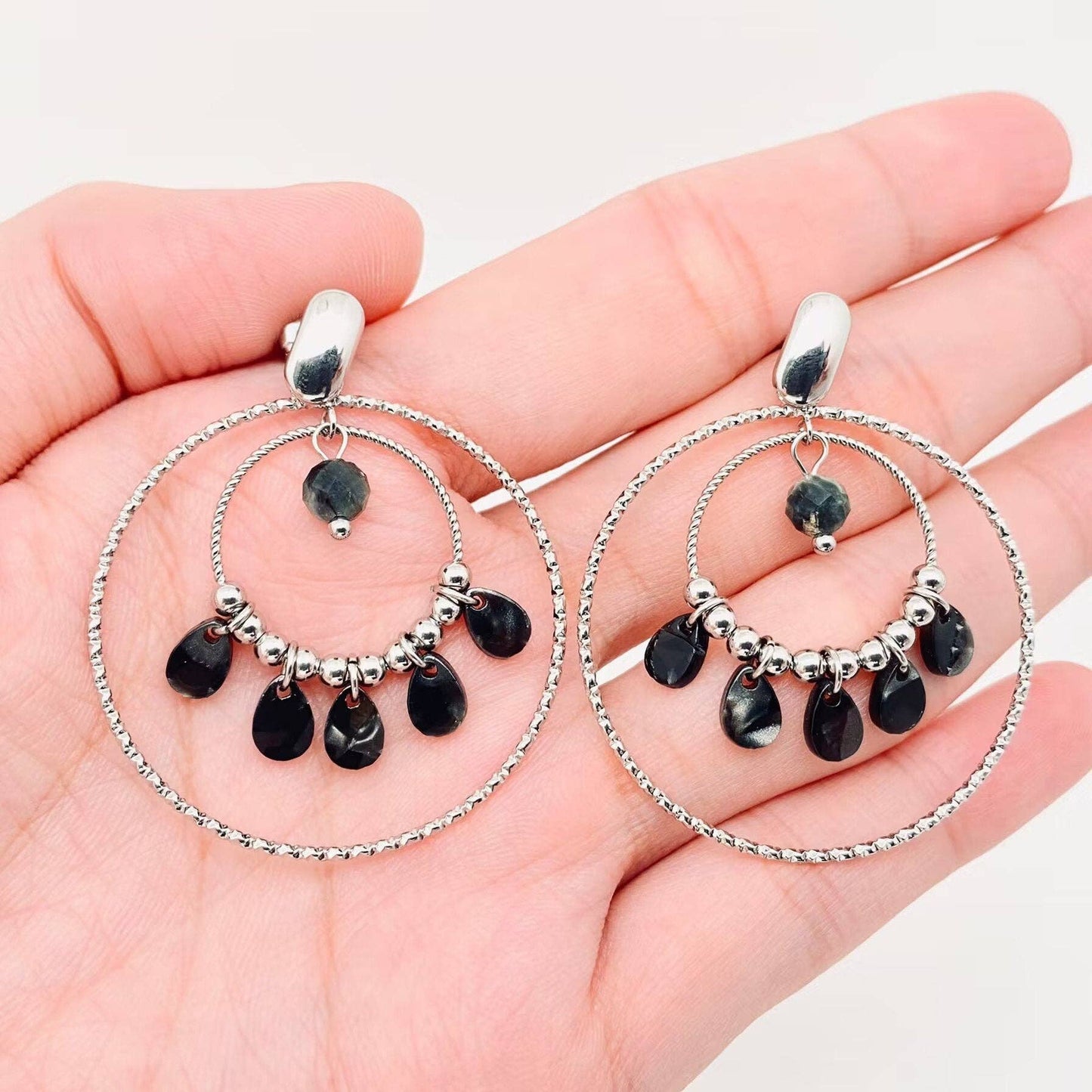 EARRINGS - Black Drop With Double Rings