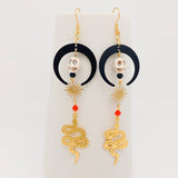 EARRINGS - Gothic Black Moon Skull Snake Pendant Earrings