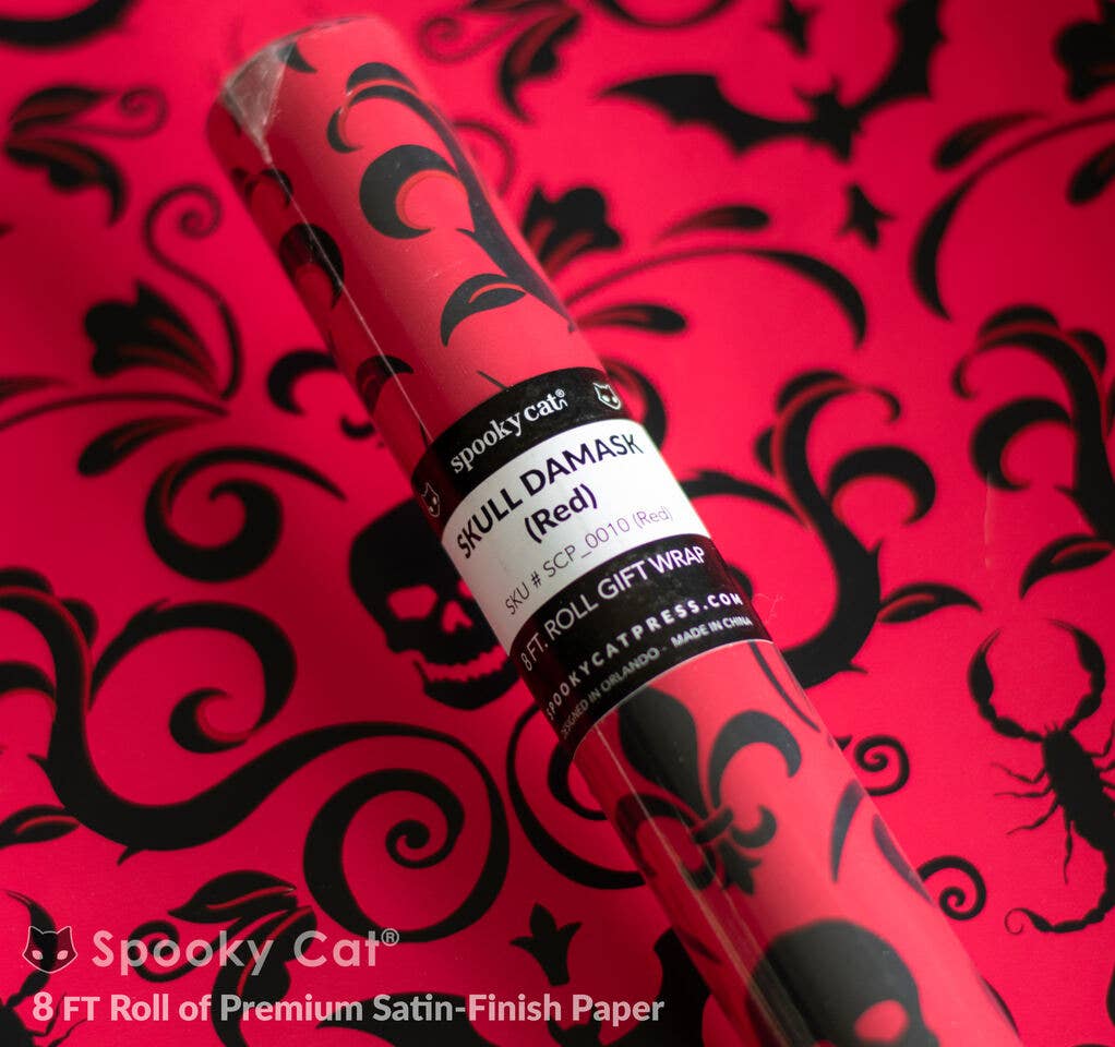 Wrapping Paper - Skull Damask Gift Wrap - Red (8ft Roll)