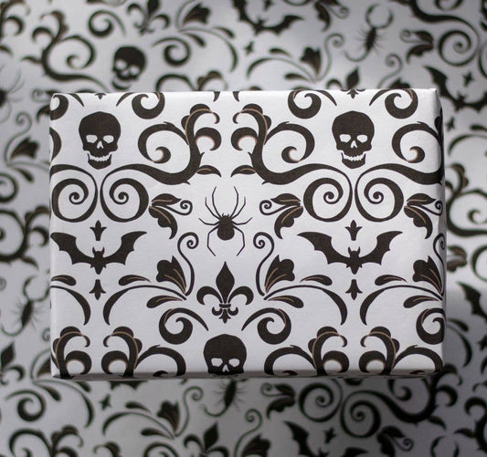 Wrapping Paper - Skull Damask Gift Wrap - Bone (8ft Roll)