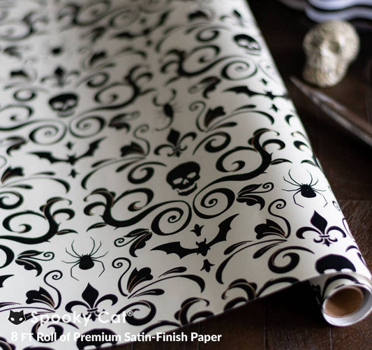 Wrapping Paper - Skull Damask Gift Wrap - Bone (8ft Roll)