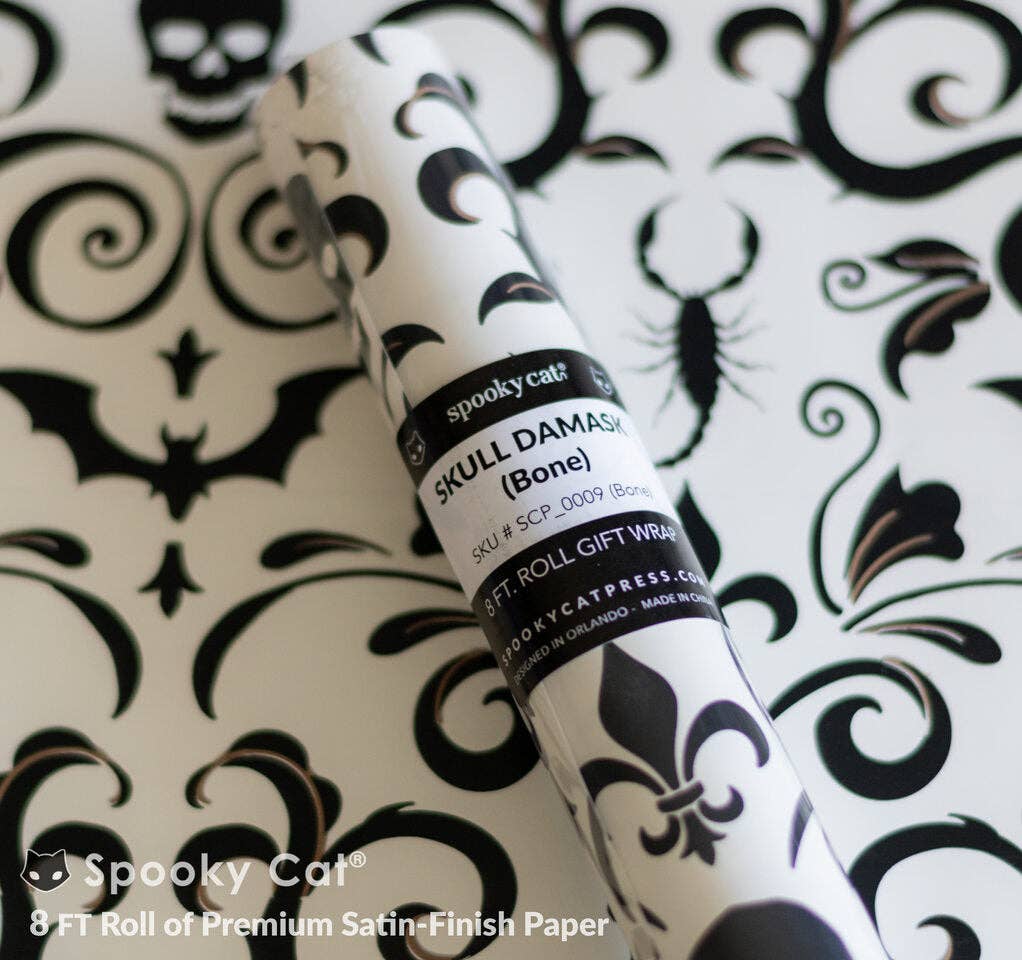 Wrapping Paper - Skull Damask Gift Wrap - Bone (8ft Roll)