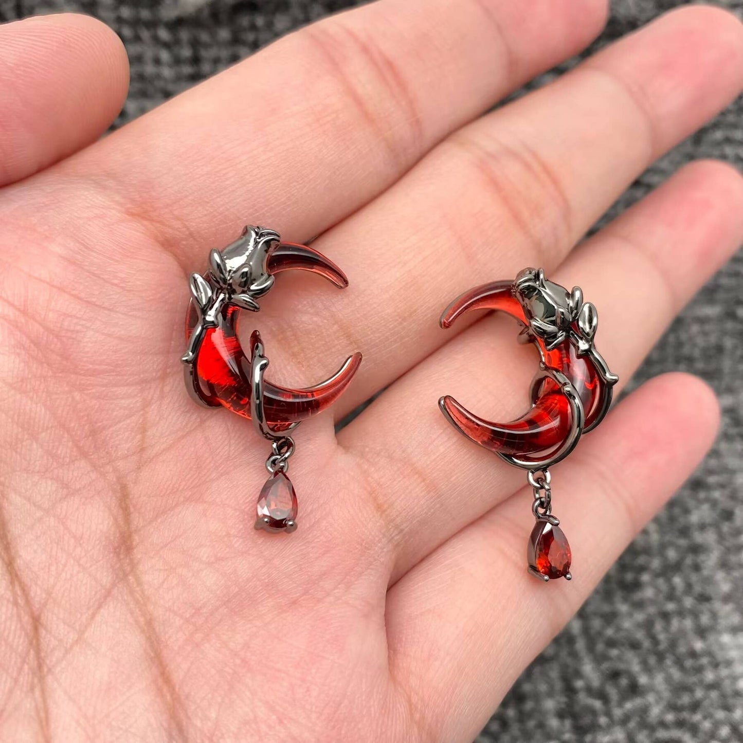 EARRINGS - Black Rose Wrapped Red Moon Post Earrings