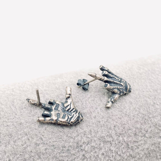 EARRINGS - Sterling Silver Skull Hand Bone Middle Finger Stud Earrings