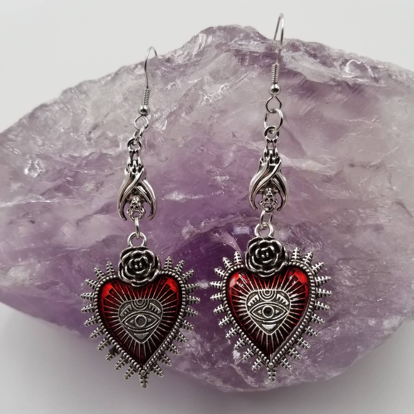 EARRINGS - Eye Heart Rose Goth Pendant Earrings