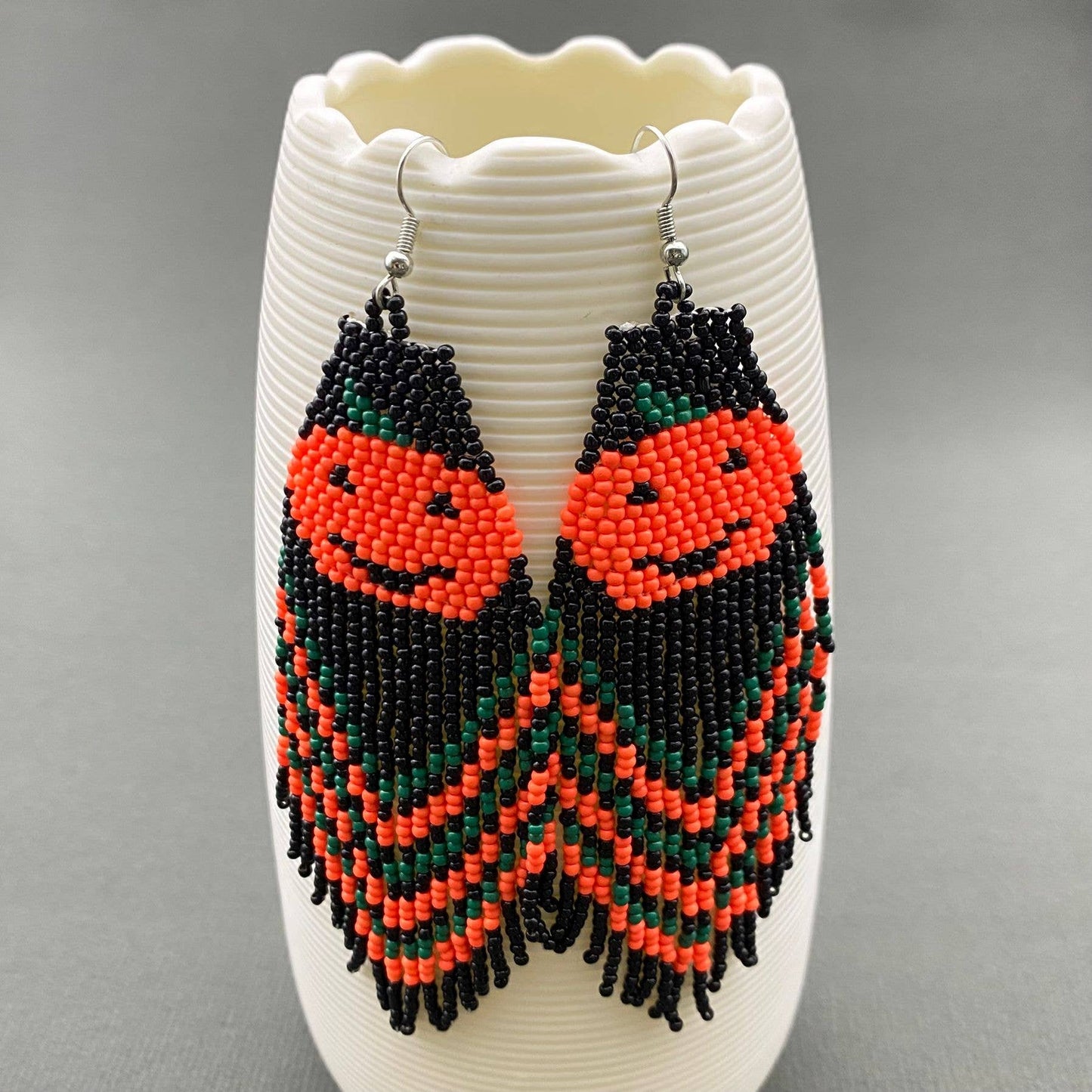 EARRINGS - Halloween Pumpkin Seed Beaded Tassel Earrings