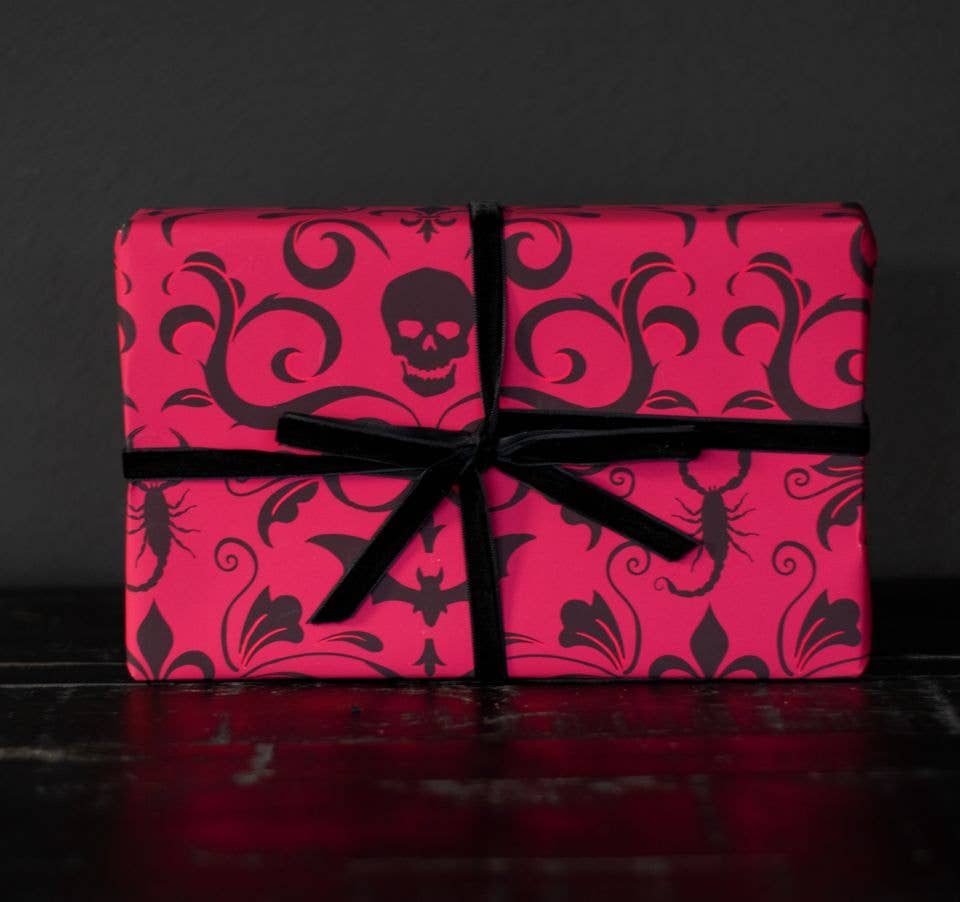 Wrapping Paper - Skull Damask Gift Wrap - Red (8ft Roll)