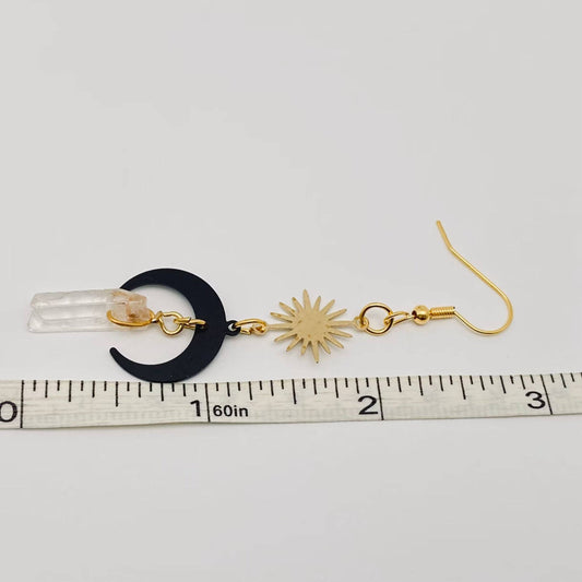 EARRINGS - Sun & Black Moon with Clear Crystal Pendant Earrings