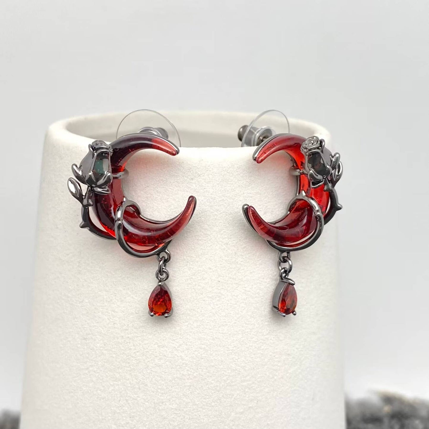 EARRINGS - Black Rose Wrapped Red Moon Post Earrings