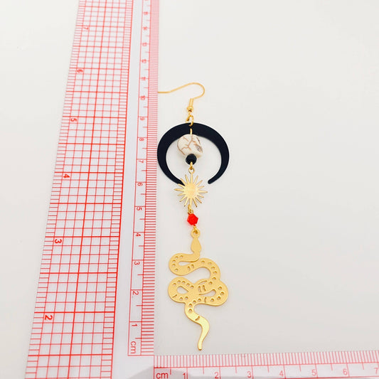 EARRINGS - Gothic Black Moon Skull Snake Pendant Earrings