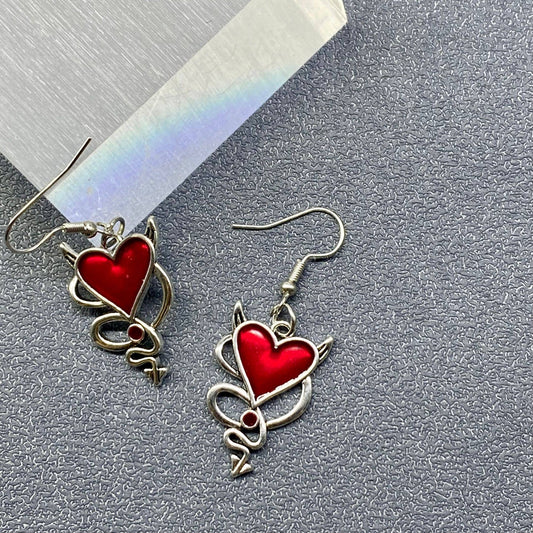 EARRINGS - Red Gothic Heart Dangle Earrings