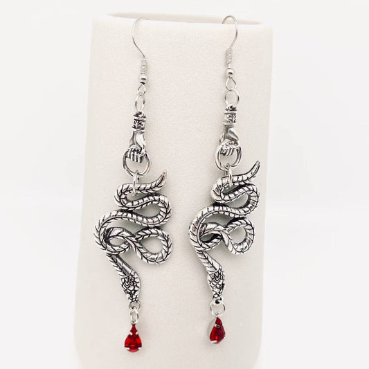 EARRINGS - Silver Snakes with Red Stone Pendent Earrings