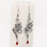 EARRINGS - Silver Snakes with Red Stone Pendent Earrings
