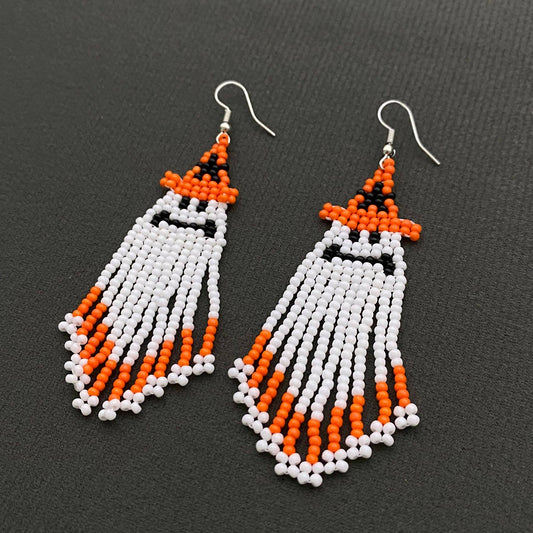 EARRINGS - Halloween Ghost Seed Beads Fringe dangle