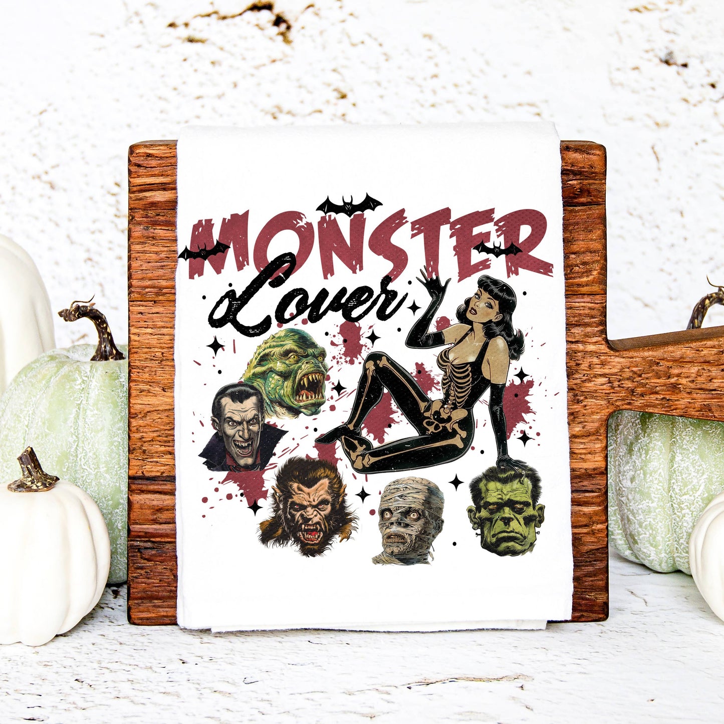"Monster Lover" Pin Up Girl (Classic Monsters) Kitchen Dish Towel