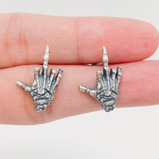 EARRINGS - Sterling Silver Skull Hand Bone Middle Finger Stud Earrings