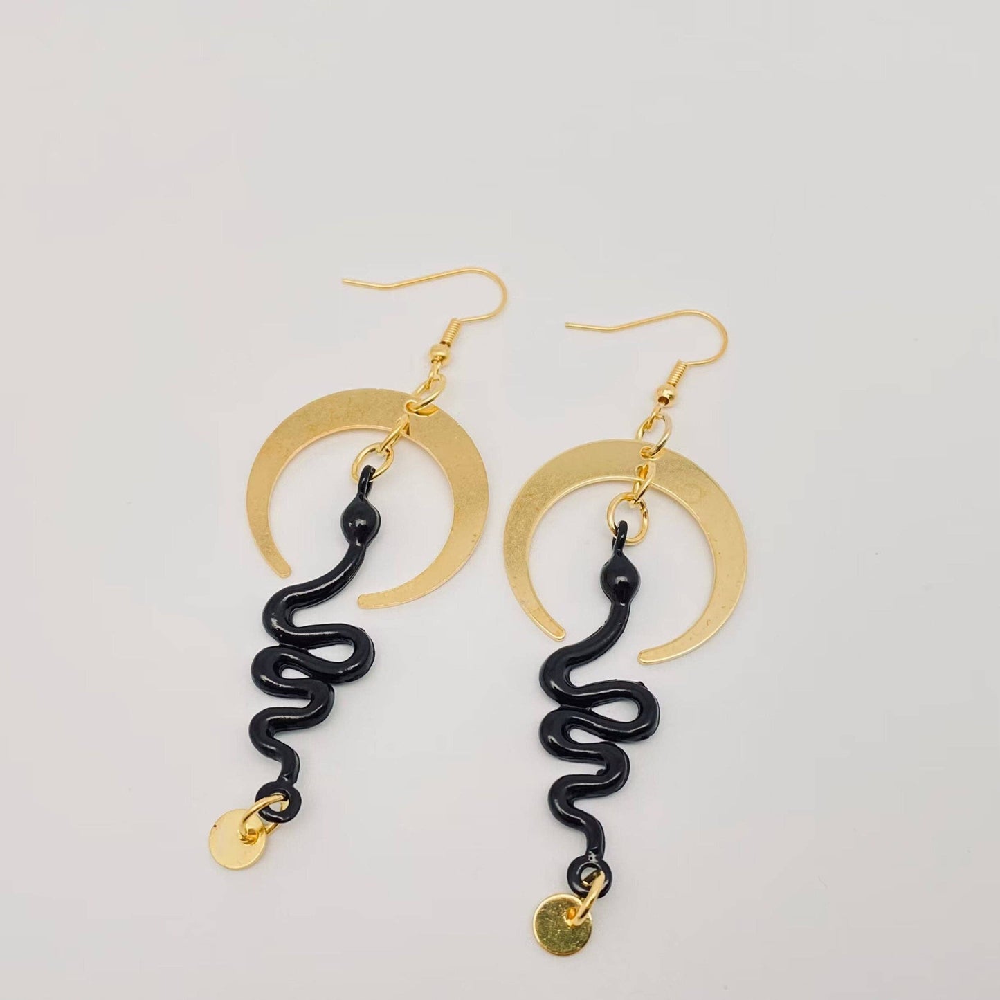 EARRINGS - Black Snake & Gold Moon Dangle Pendant Earrings