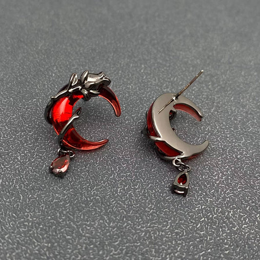 EARRINGS - Black Rose Wrapped Red Moon Post Earrings