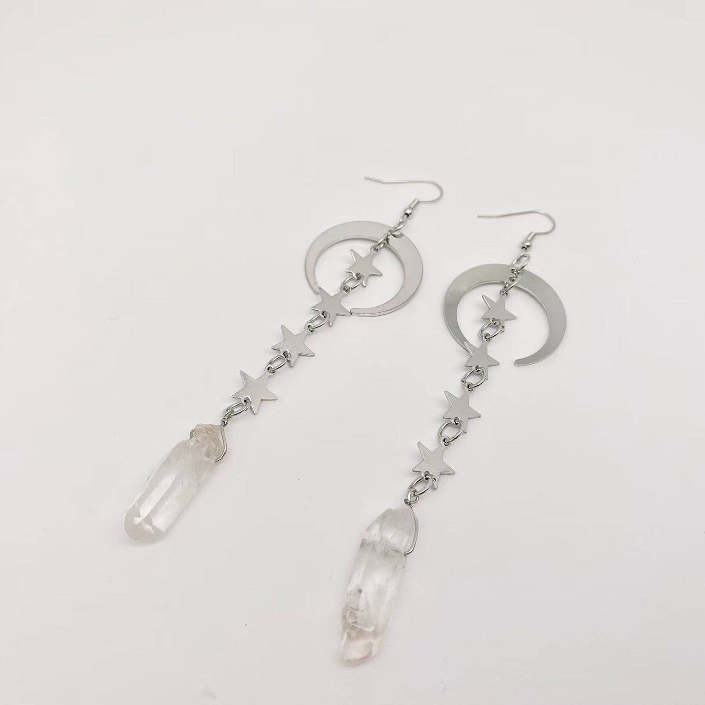 EARRINGS - Silver Star & Moon With White Crystal Pendant Earrings