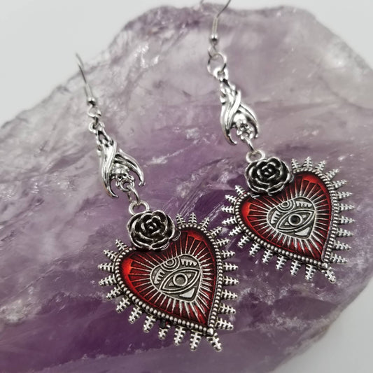 EARRINGS - Eye Heart Rose Goth Pendant Earrings