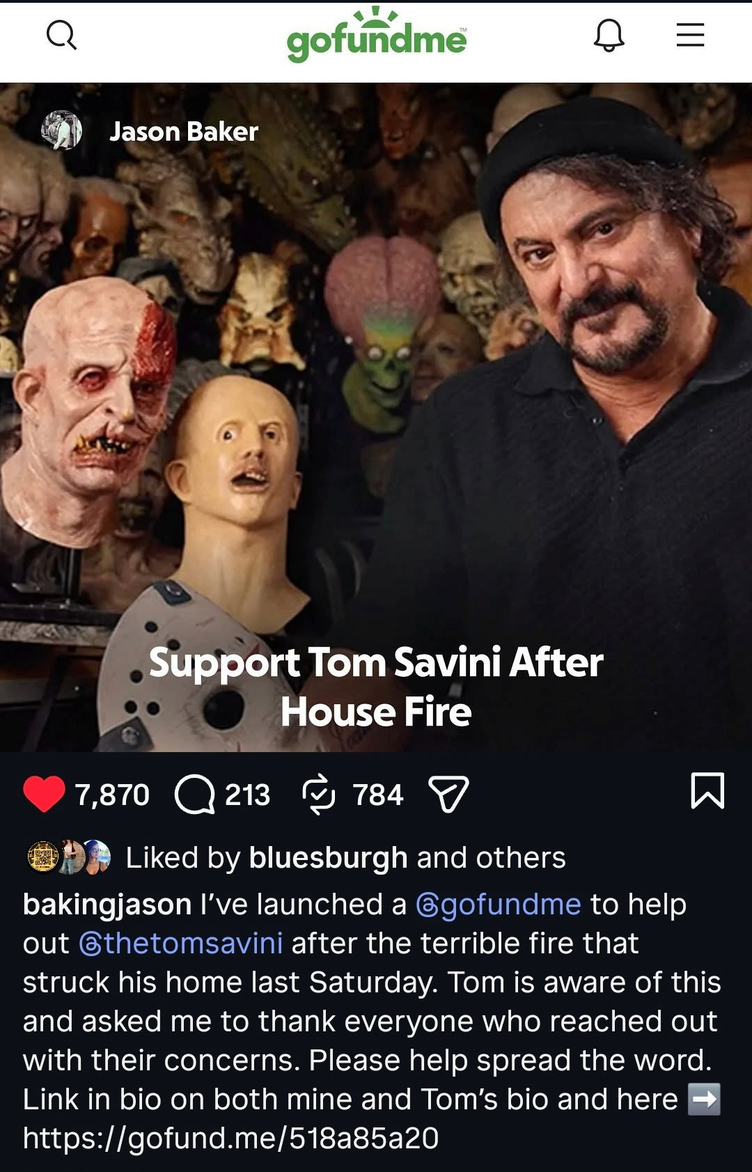 1 GIVEAWAY ENTRY (JASON BAKER AUTOGRAPHED CHAINSAW/TOM SAVINI BENIFIT)