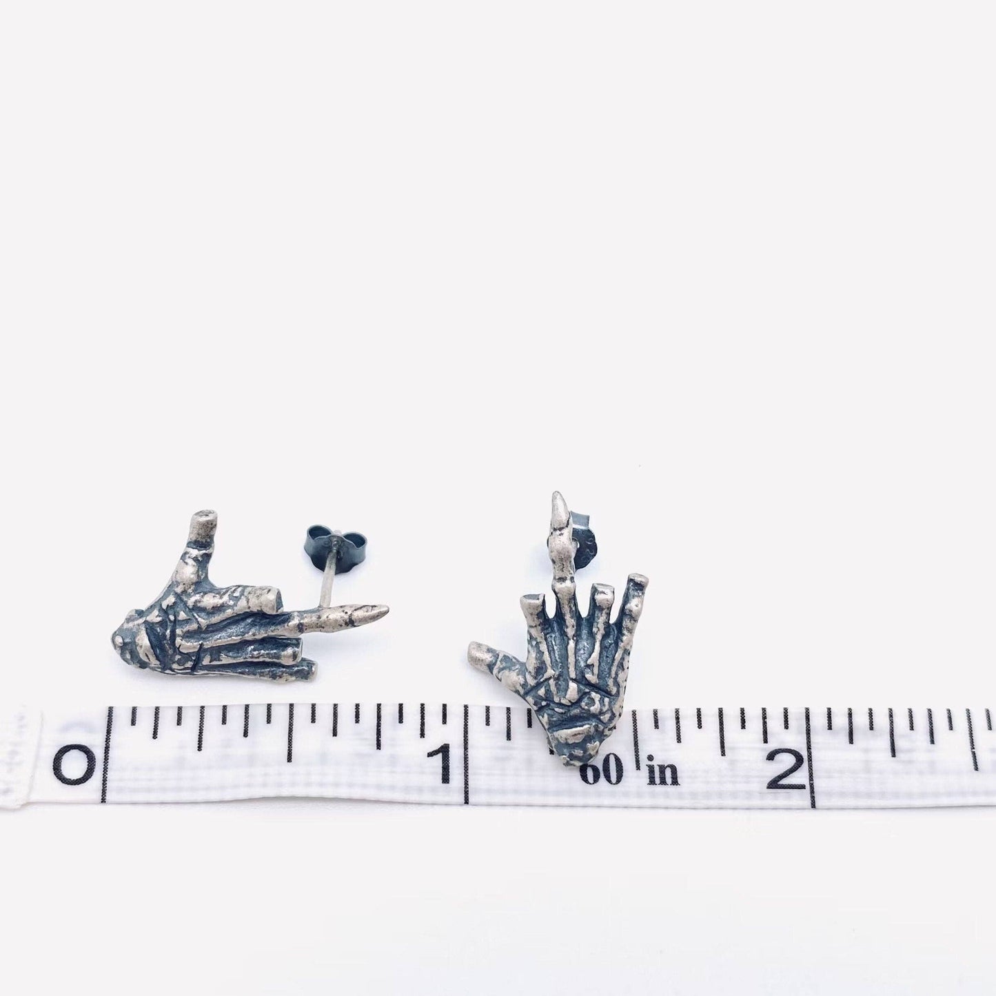 EARRINGS - Sterling Silver Skull Hand Bone Middle Finger Stud Earrings