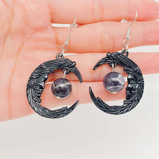 EARRINGS - Black Cresent Face with Purple Bead