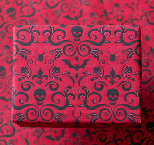 Wrapping Paper - Skull Damask Gift Wrap - Red (8ft Roll)