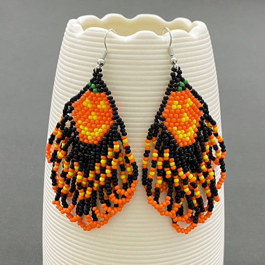 EARRINGS - Halloween Pumpkin Seed Beaded Fringe Earrings