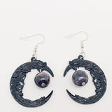 EARRINGS - Black Cresent Face with Purple Bead