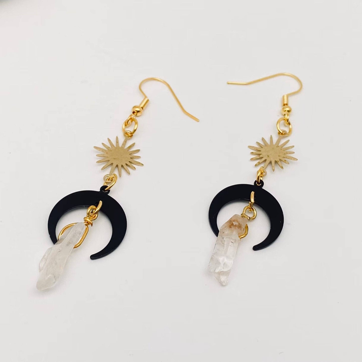 EARRINGS - Sun & Black Moon with Clear Crystal Pendant Earrings