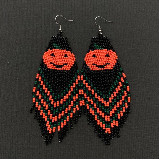EARRINGS - Halloween Pumpkin Seed Beaded Tassel Earrings