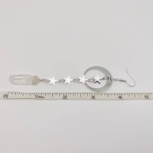 EARRINGS - Silver Star & Moon With White Crystal Pendant Earrings