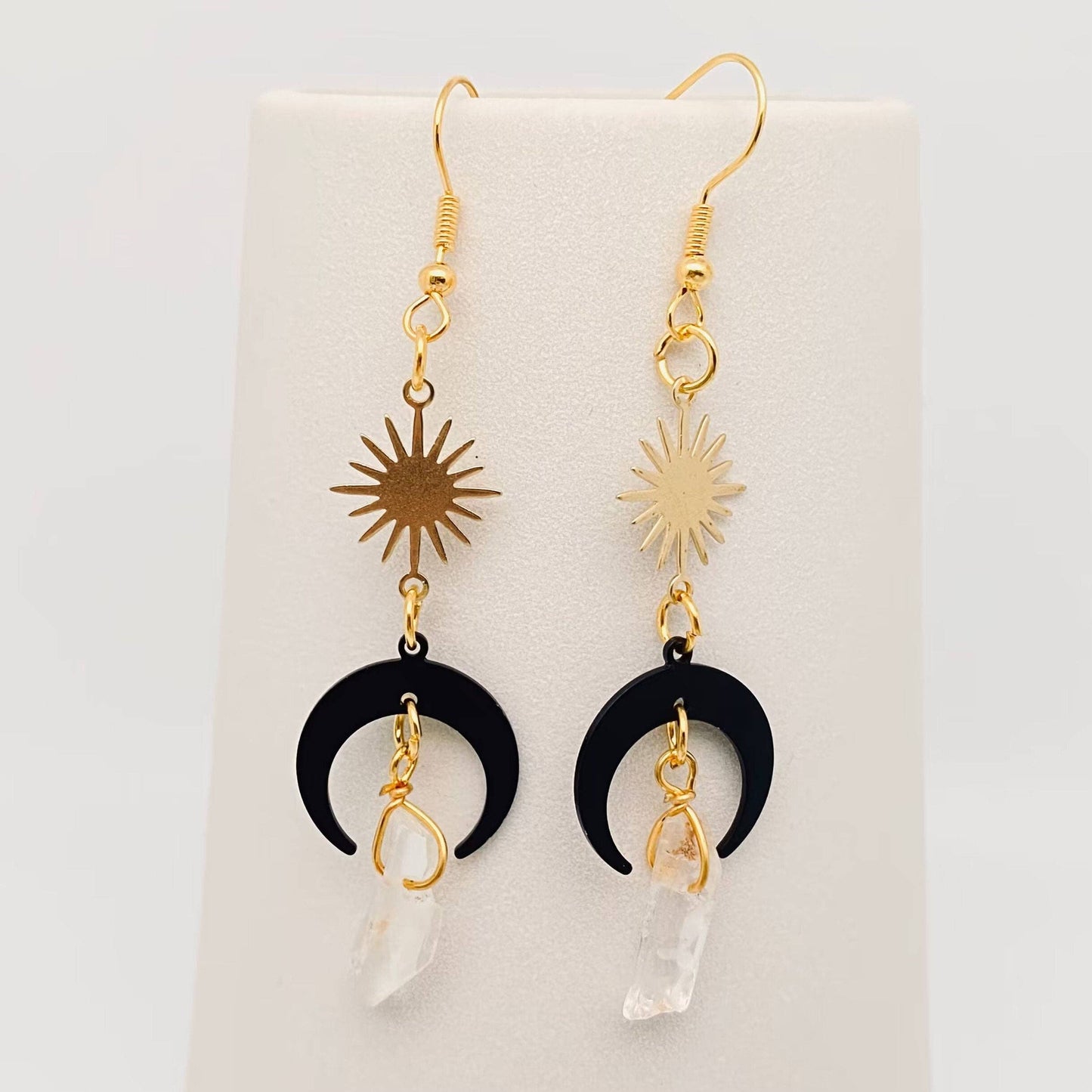 EARRINGS - Sun & Black Moon with Clear Crystal Pendant Earrings