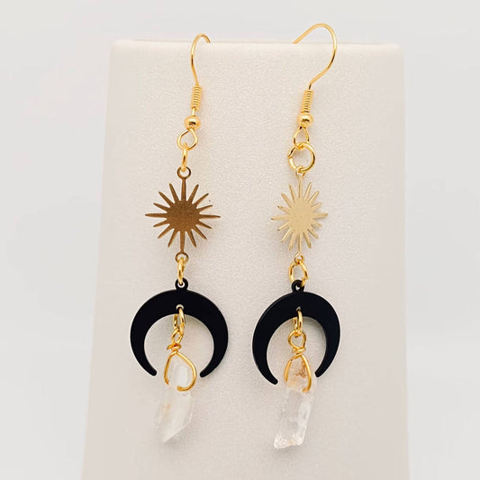 EARRINGS - Sun & Black Moon with Clear Crystal Pendant Earrings